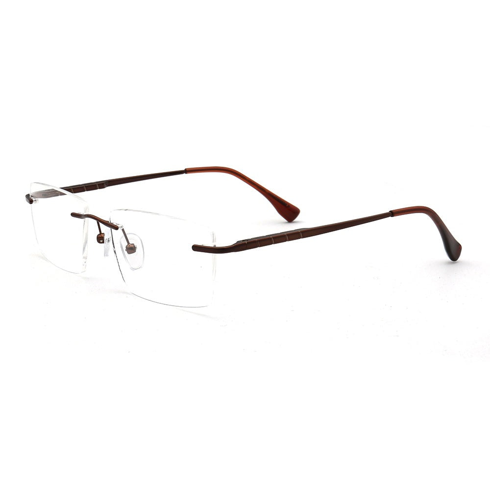 Side view of bronze rimless square eyeglasses