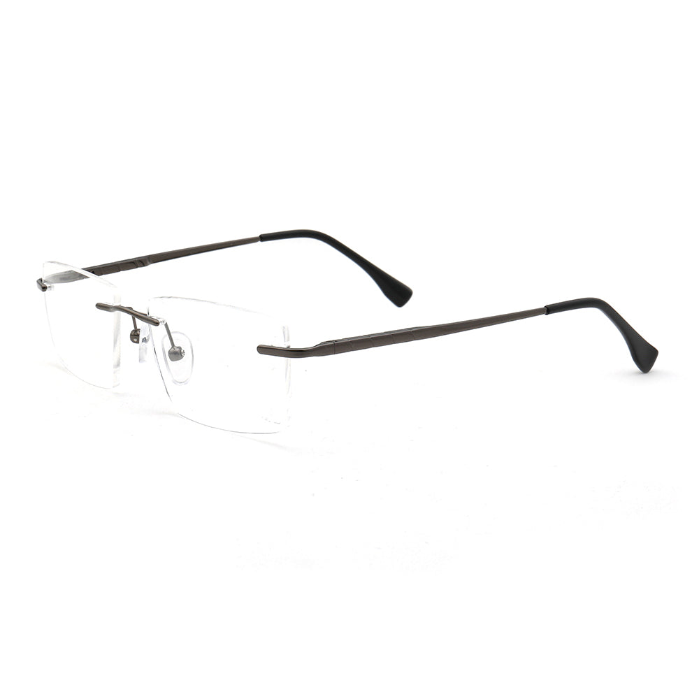 Side view of gunmetal rectangular rimless eyeglasses