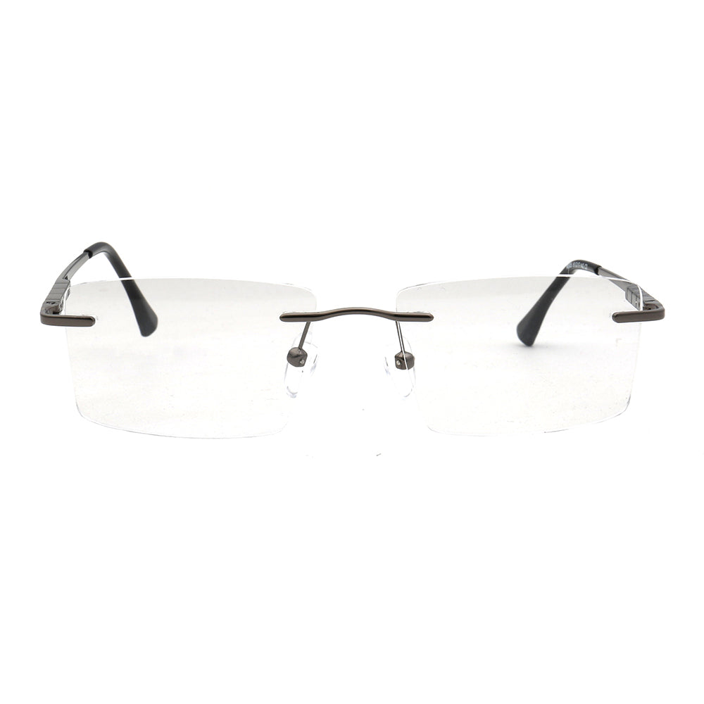 Front view of gunmetal rectangular rimless eyeglasses