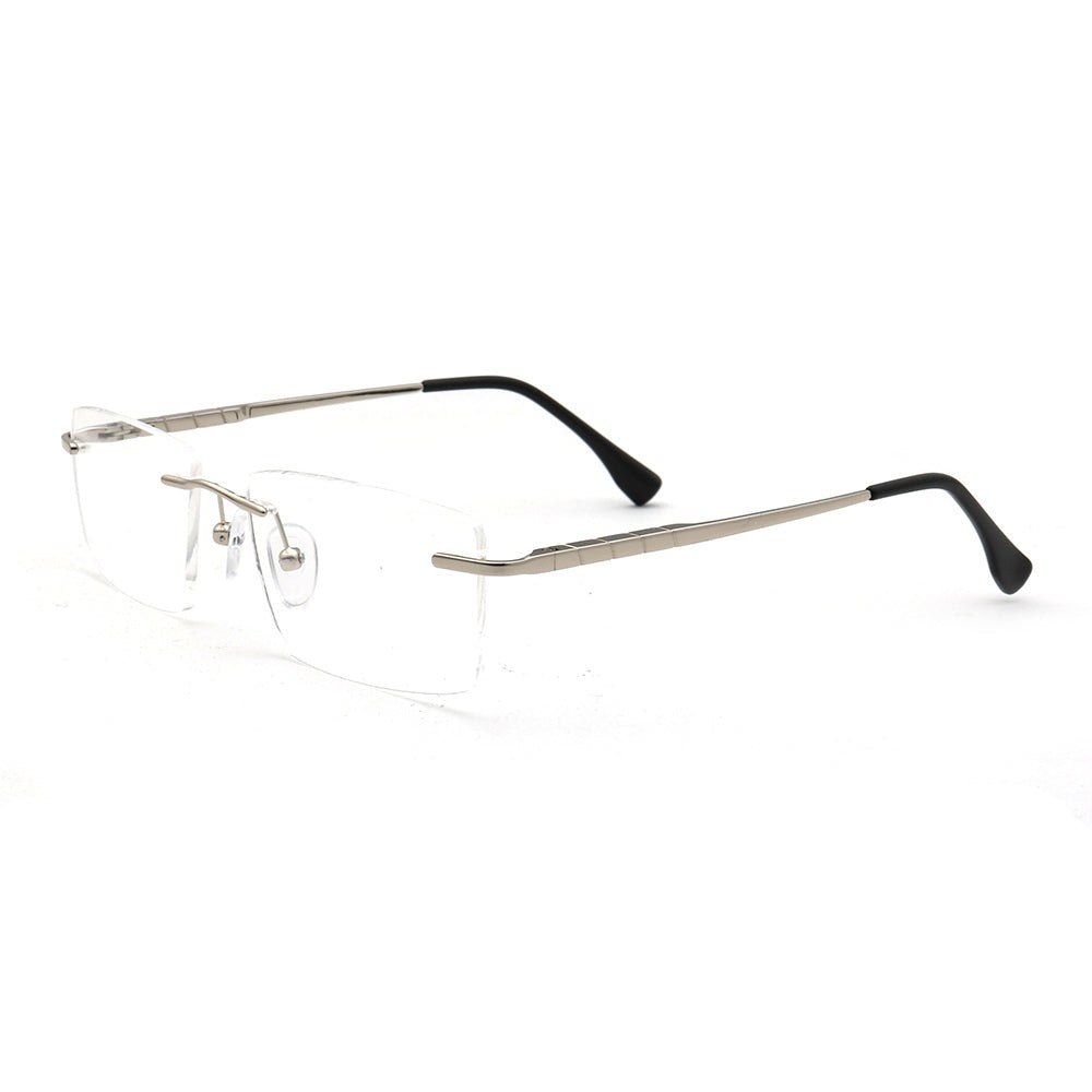 Side view of rimless rectangular silver eyeglasses