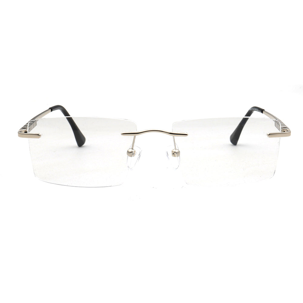 Front view of silver rectangular rimless eyeglasses