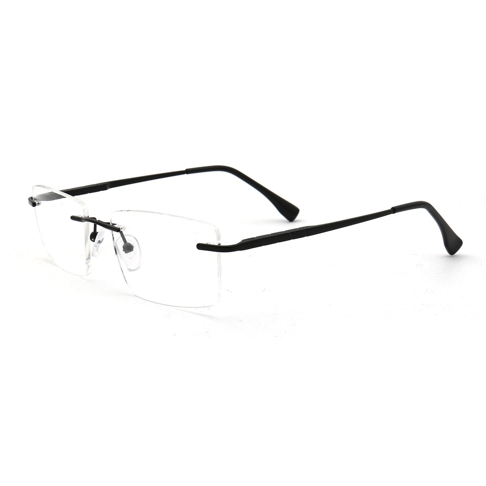 Side view of black rimless rectangular eyeglasses