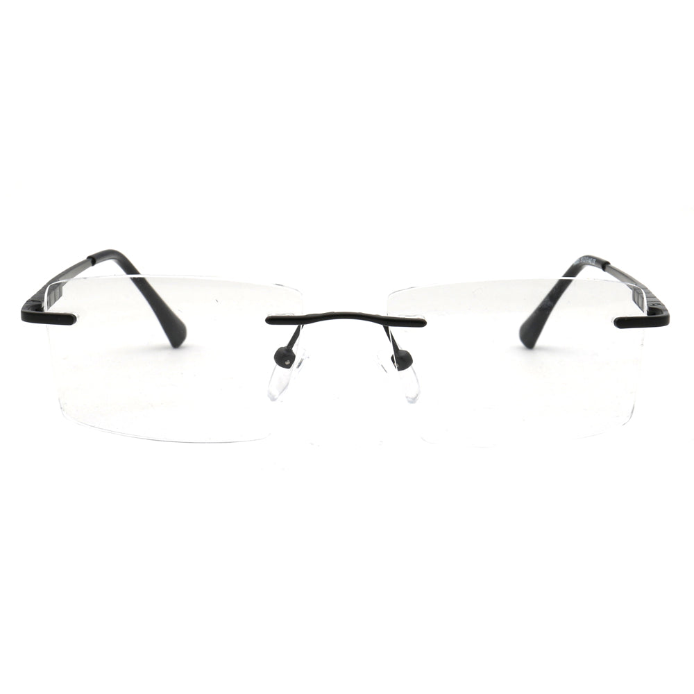 Front view of black rectangular rimless eyeglasses