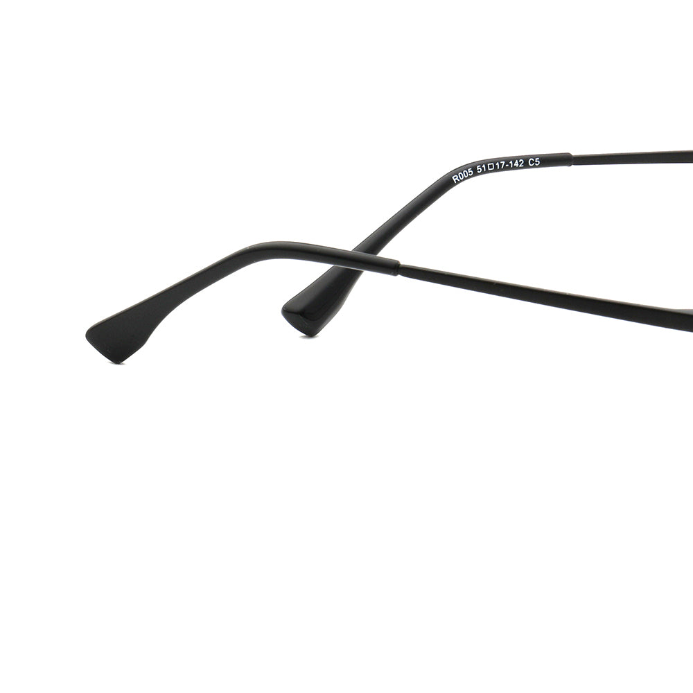 Temple tips of black rimless eyeglasses