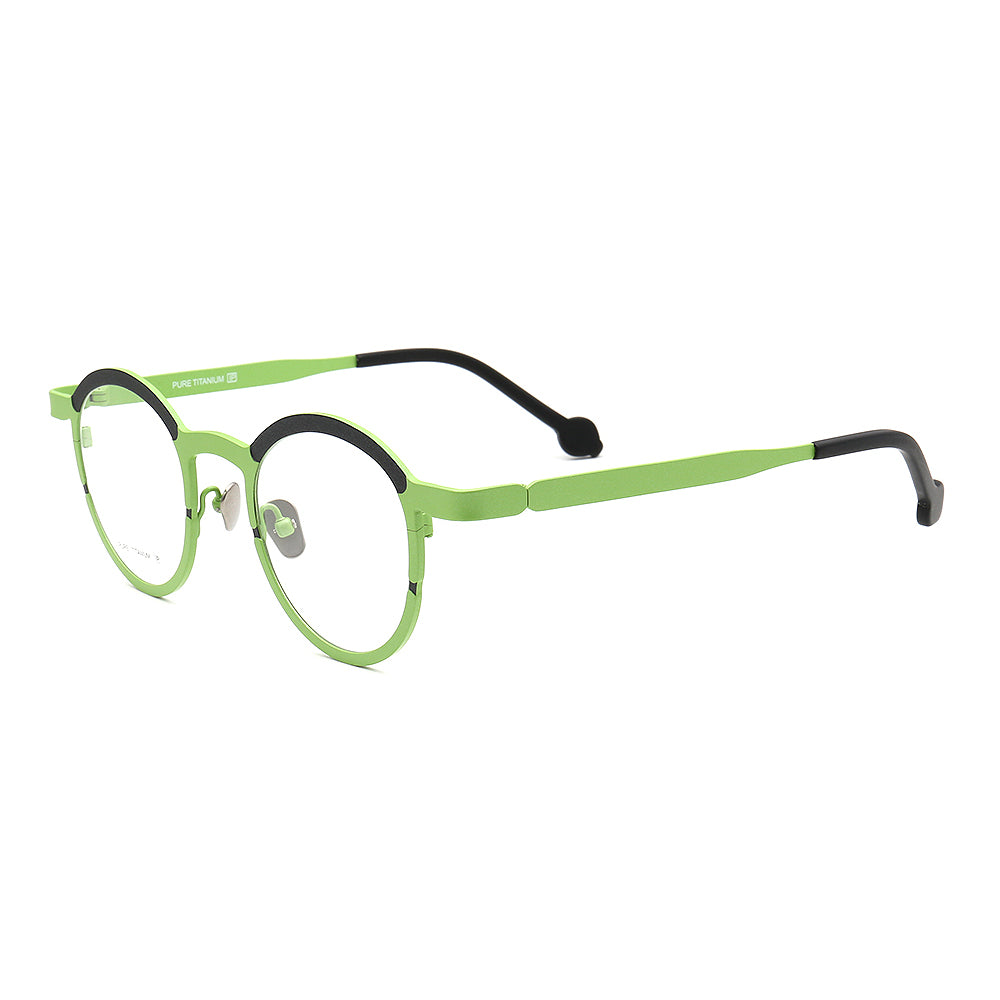 Side view of green and black round titanium eyeglasses
