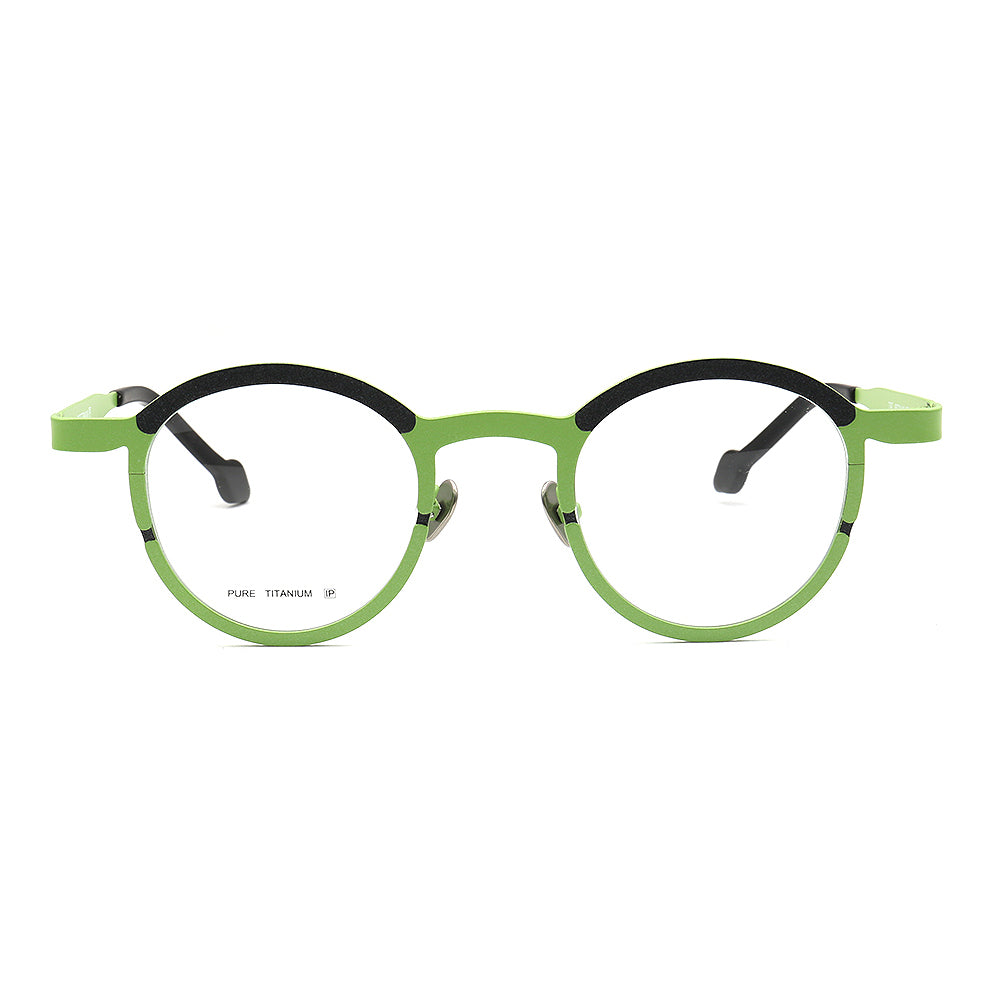 Front view of green and black round eyeglasses