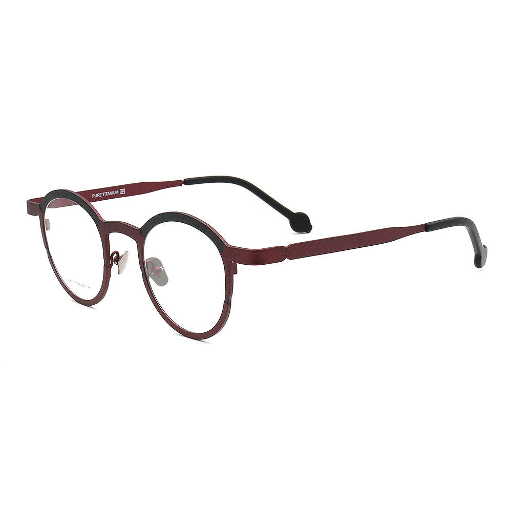 Side view of burgundy titanium eyeglasses