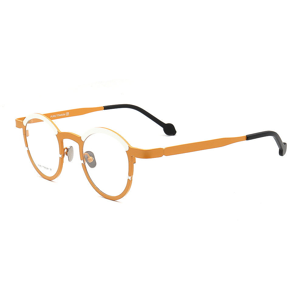 Side view of orange and white titanium eyeglasses