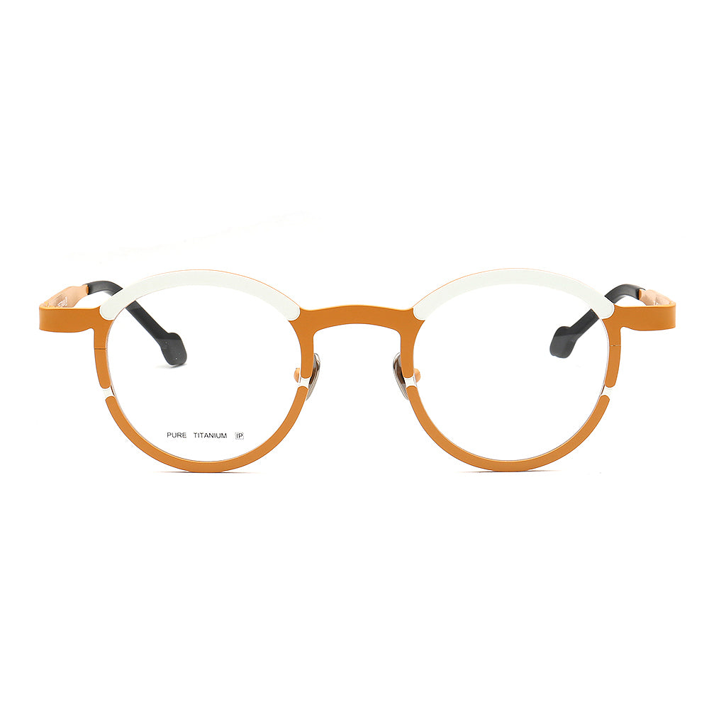 Front view or orange and white titanium eyeglasses