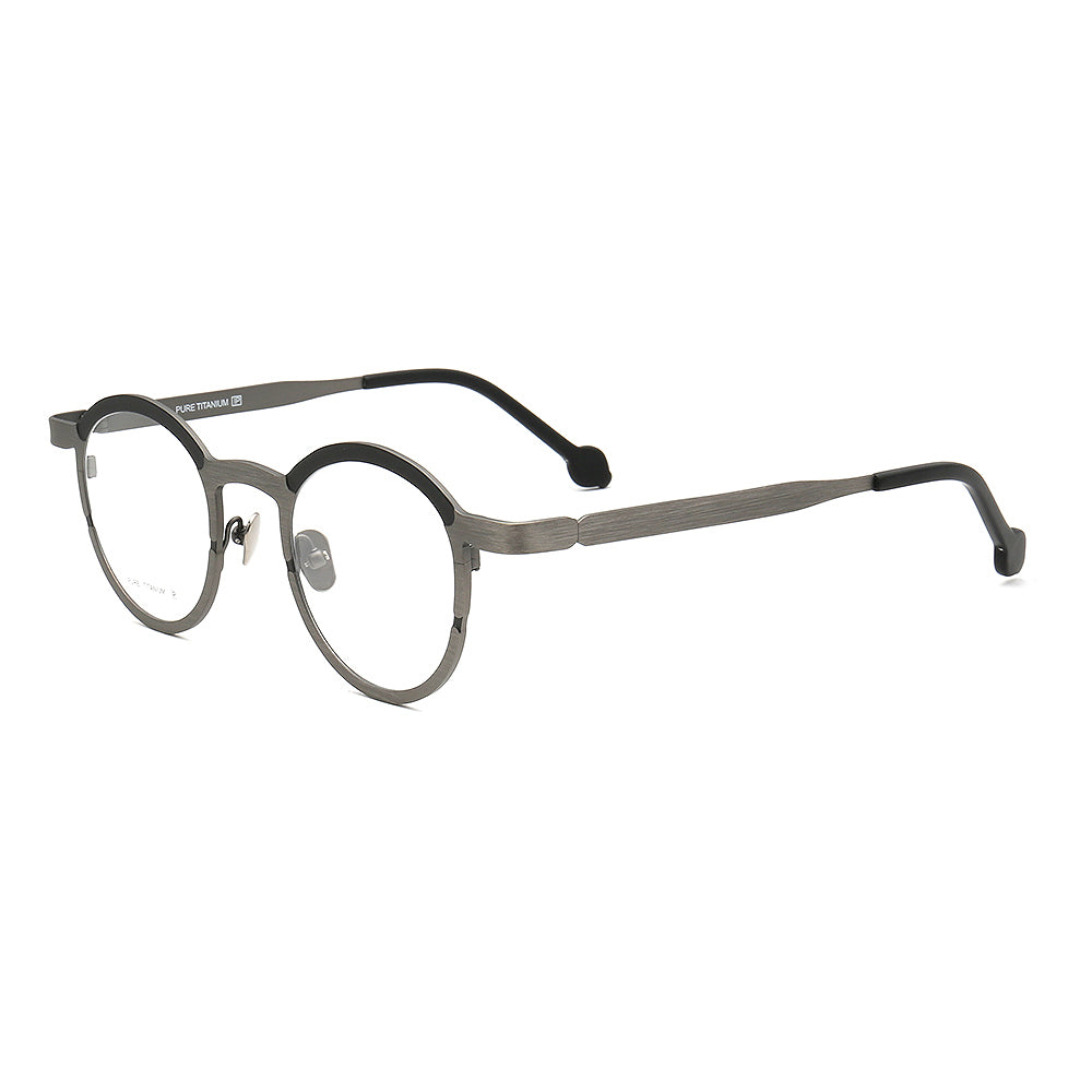 Side view of black and grey round titanium eyeglasses