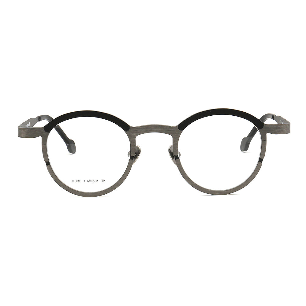 Front view of black and grey round titanium eyeglasses