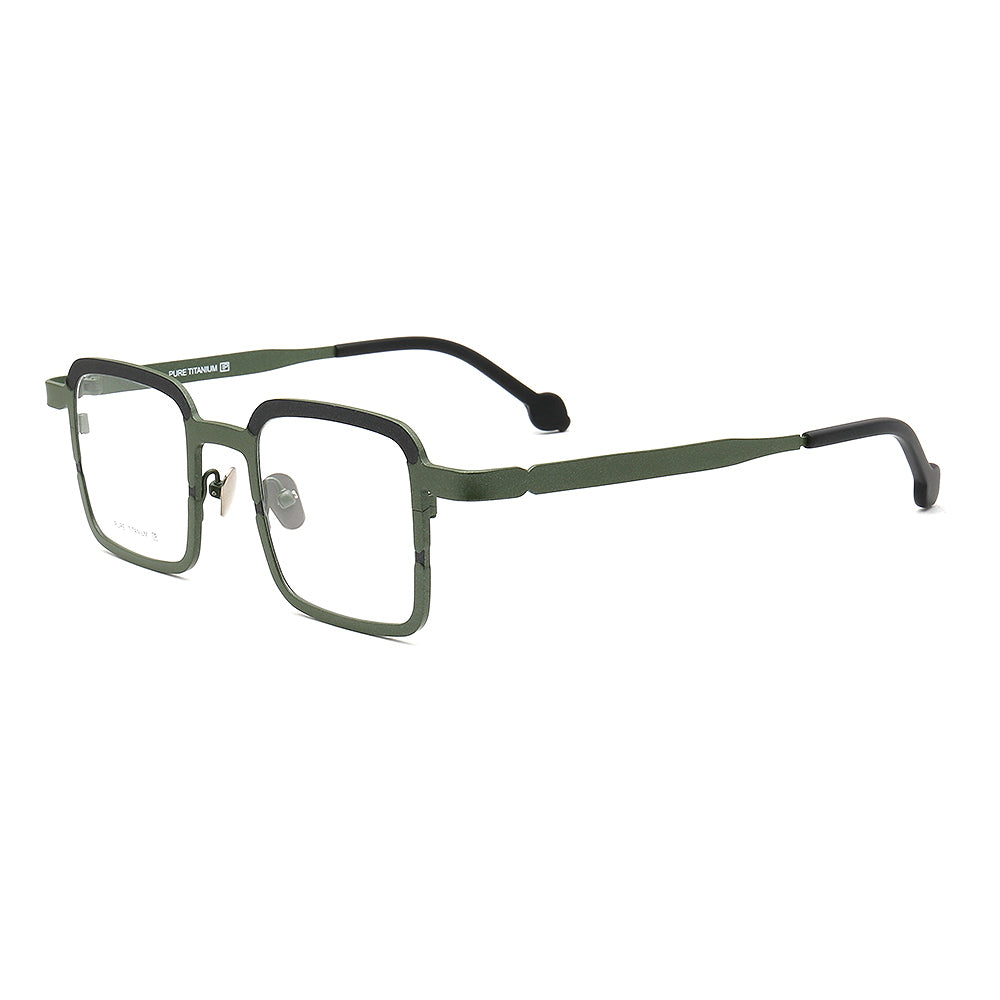 Side view of green and black titanium eyeglasses