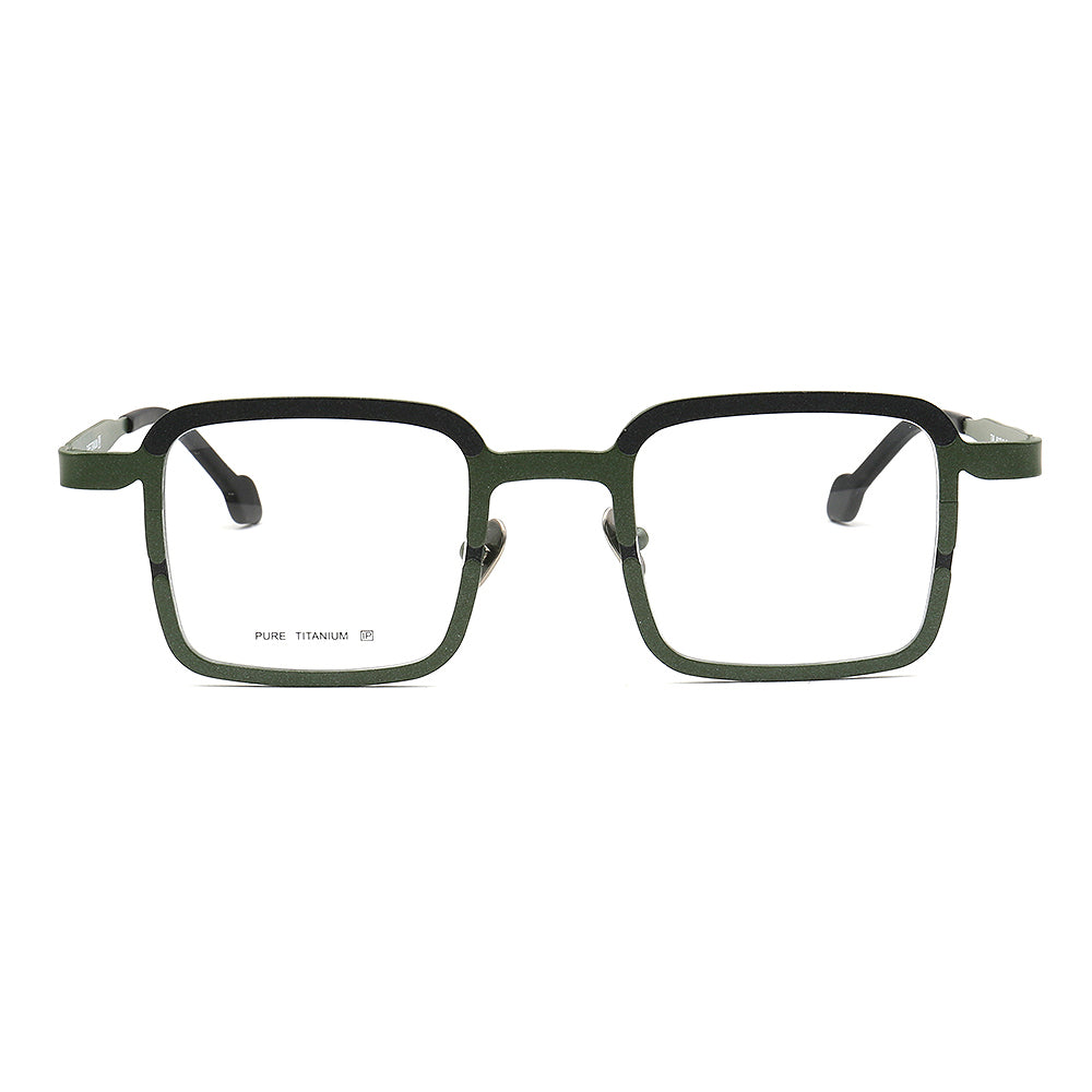 Front view of green and black square titanium eyeglasses