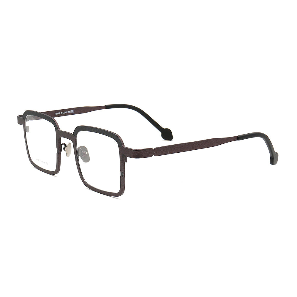 Side view of brown and black square titanium eyeglasses