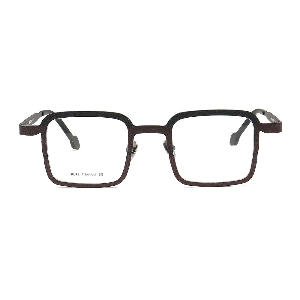 Front view of brown and black square titanium eyeglasses