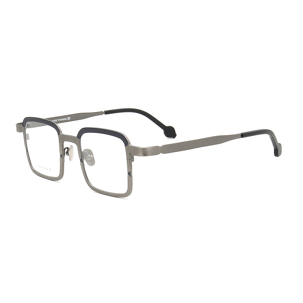 Side view of silver square titanium eyeglasses