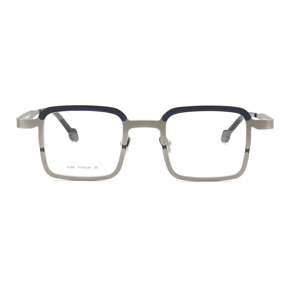 Front view of silver square titanium eyeglasses