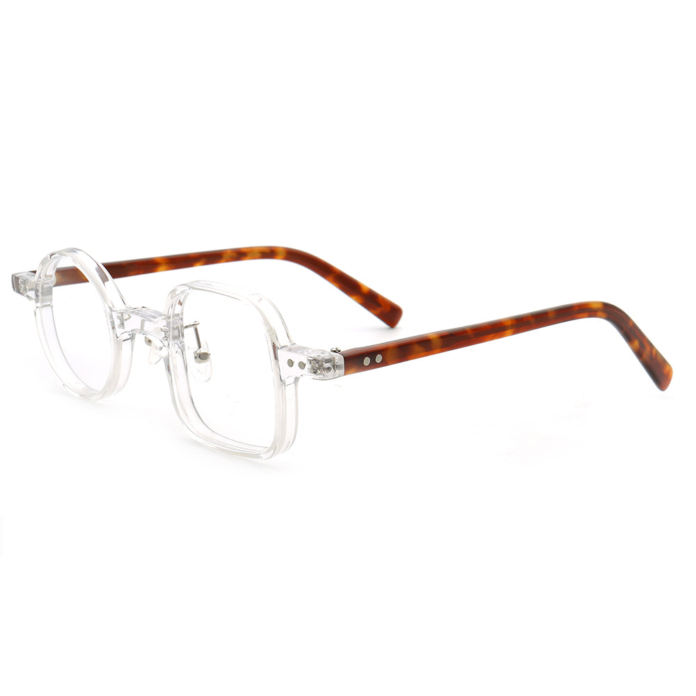 Side view of clear tortoise mismatch glasses frames