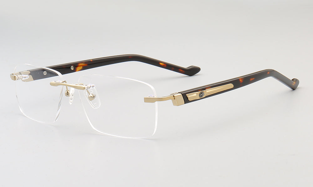 Side view of rimless rectangular eyeglasses frames