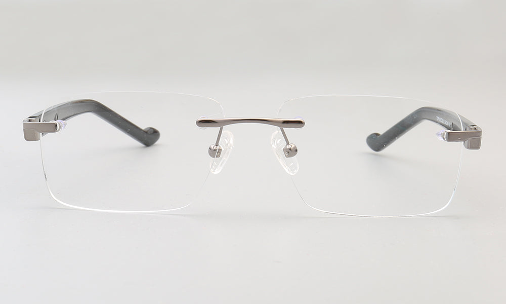 Front view of grey rectangular rimless eyeglasses