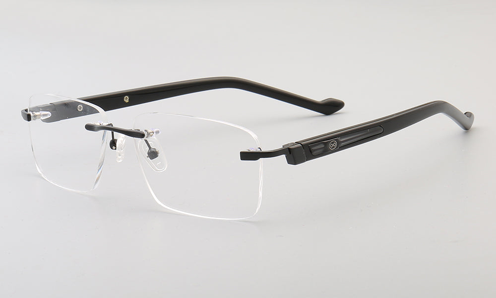 Side view of black rectangular rimless glasses