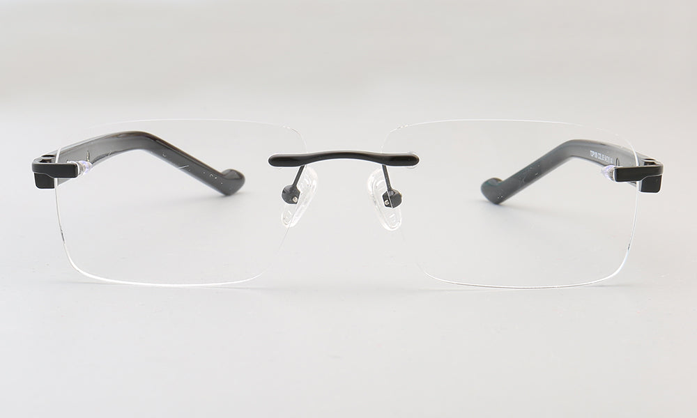 A pair of black rectangular rimless glasses