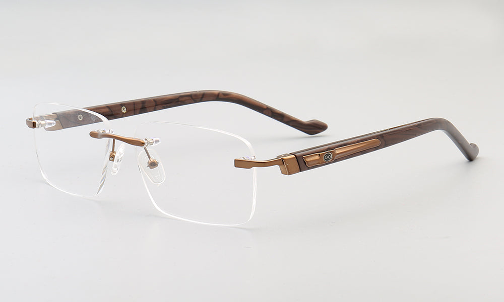 Side view of rimless rectangular bronze eyeglasses