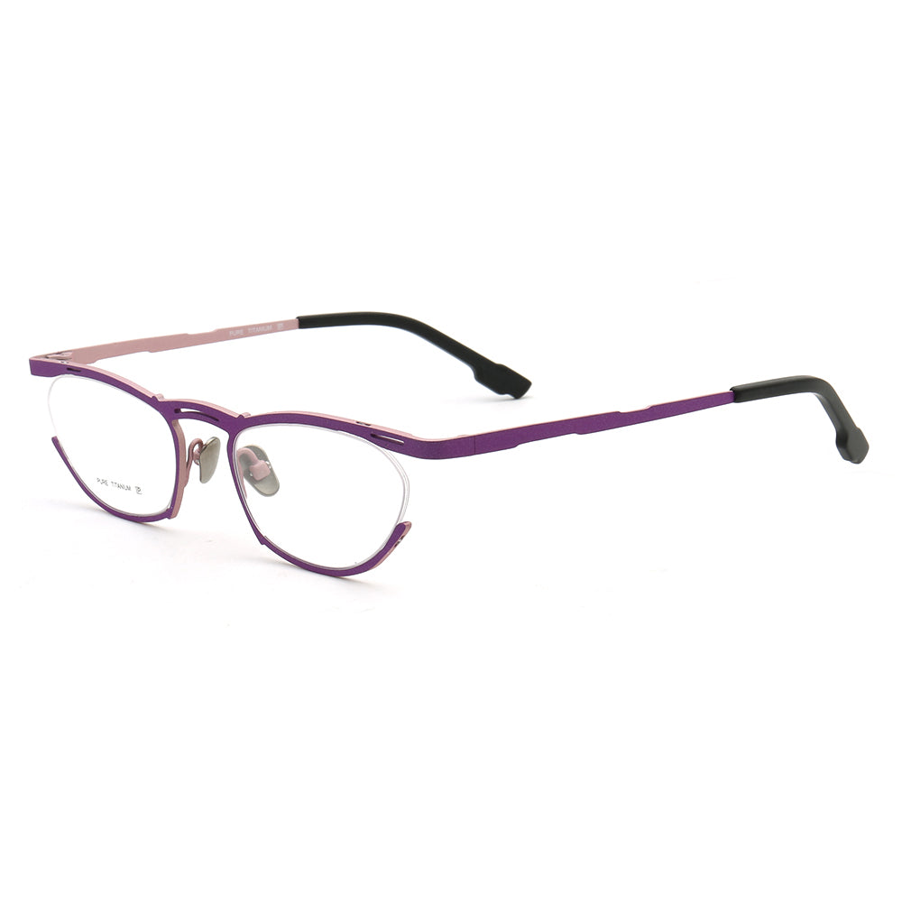 Side view of purple titanium cat eye glasses