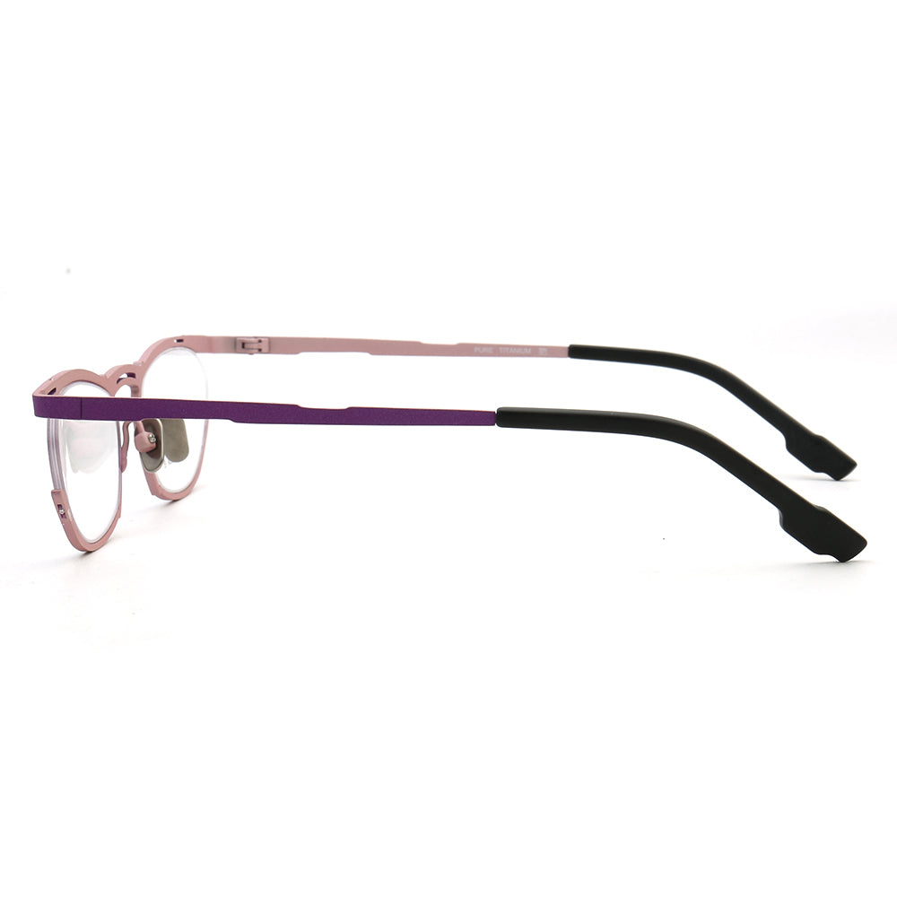 Side view of purple titanium cat eye glasses