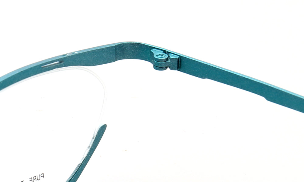 Inner hinge of teal colored cat eye glasses