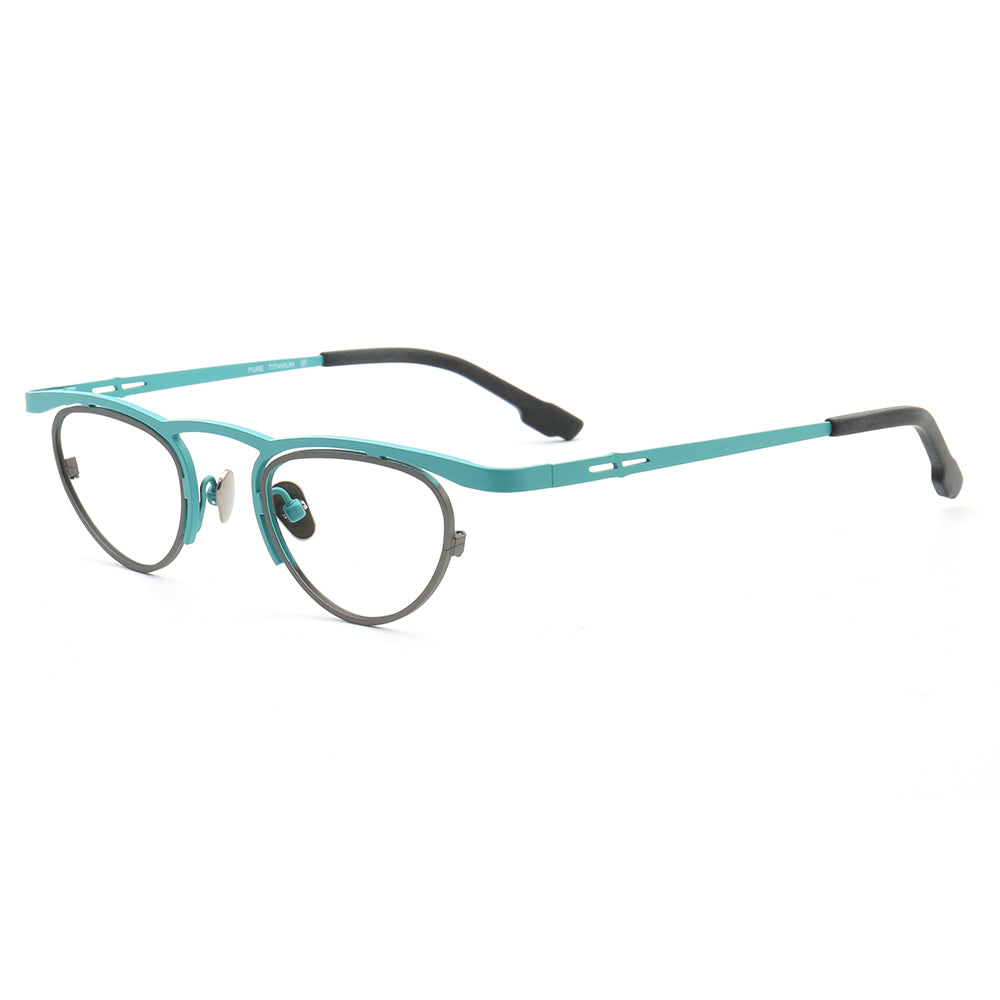 Side view of funky light blue titanium eyeglasses