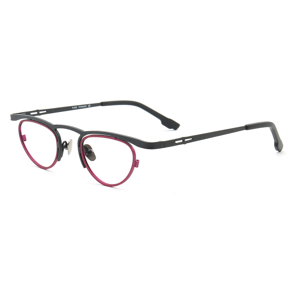 Side view of multicolored geometric titanium eyeglasses