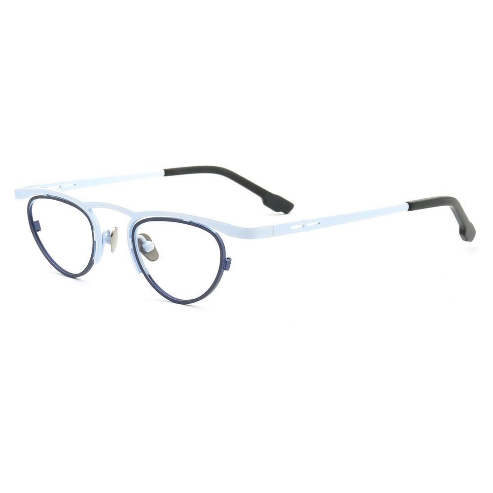 Side view of funky geometric titanium eyeglass frames