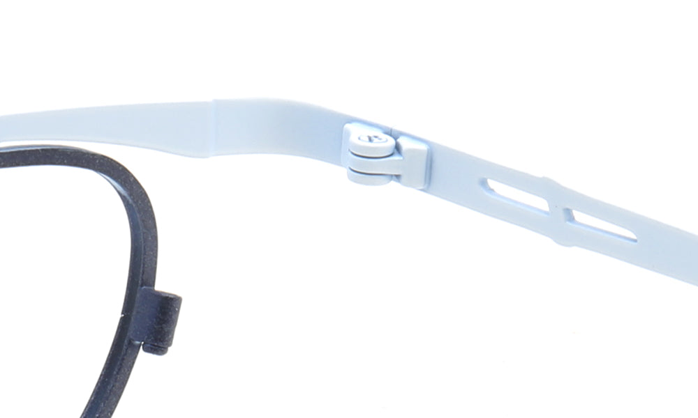 Inner hinge of blue titanium eyeglass frames