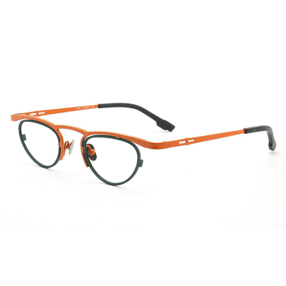 Side view of funky orange and green titanium eyeglasses