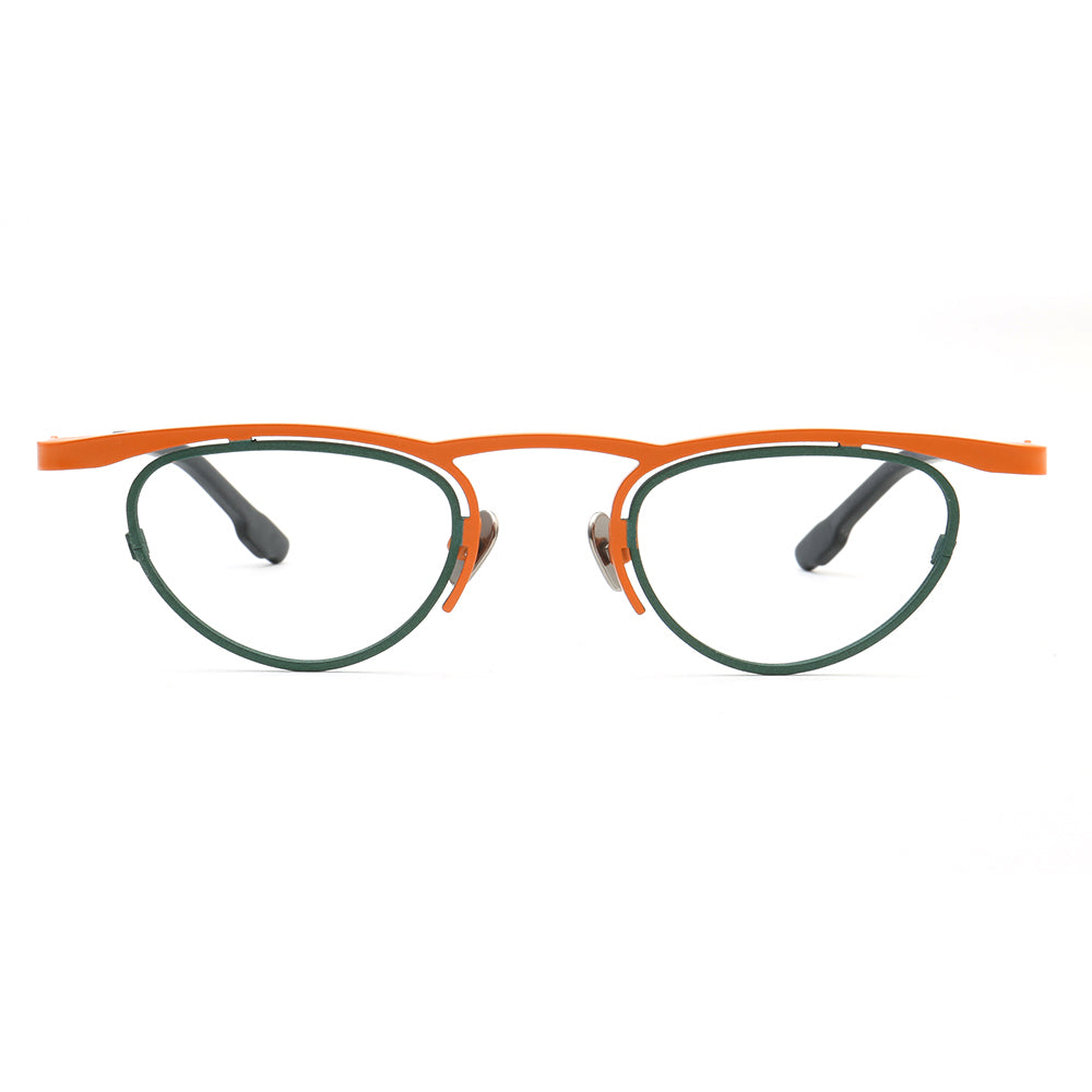 A pair of funky green and orange titanium eyeglasses