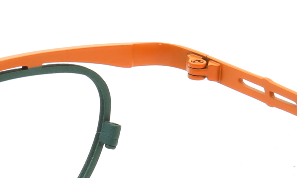 Inner hinge of orange and green titanium eyeglasses