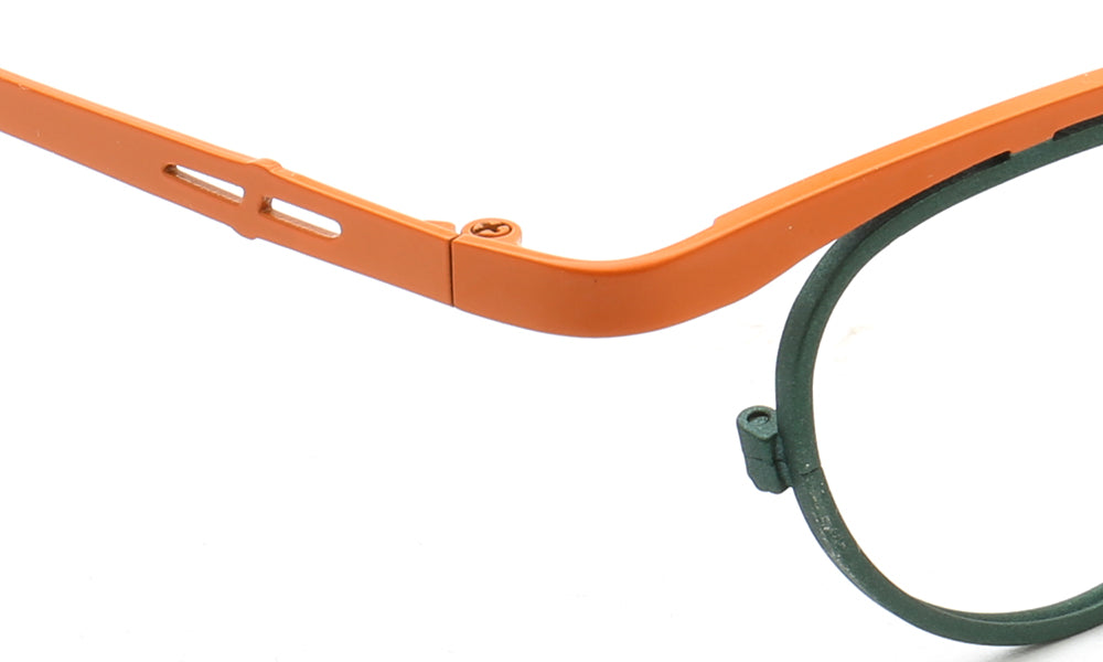 Temple of orange and green titanium eyeglass frames