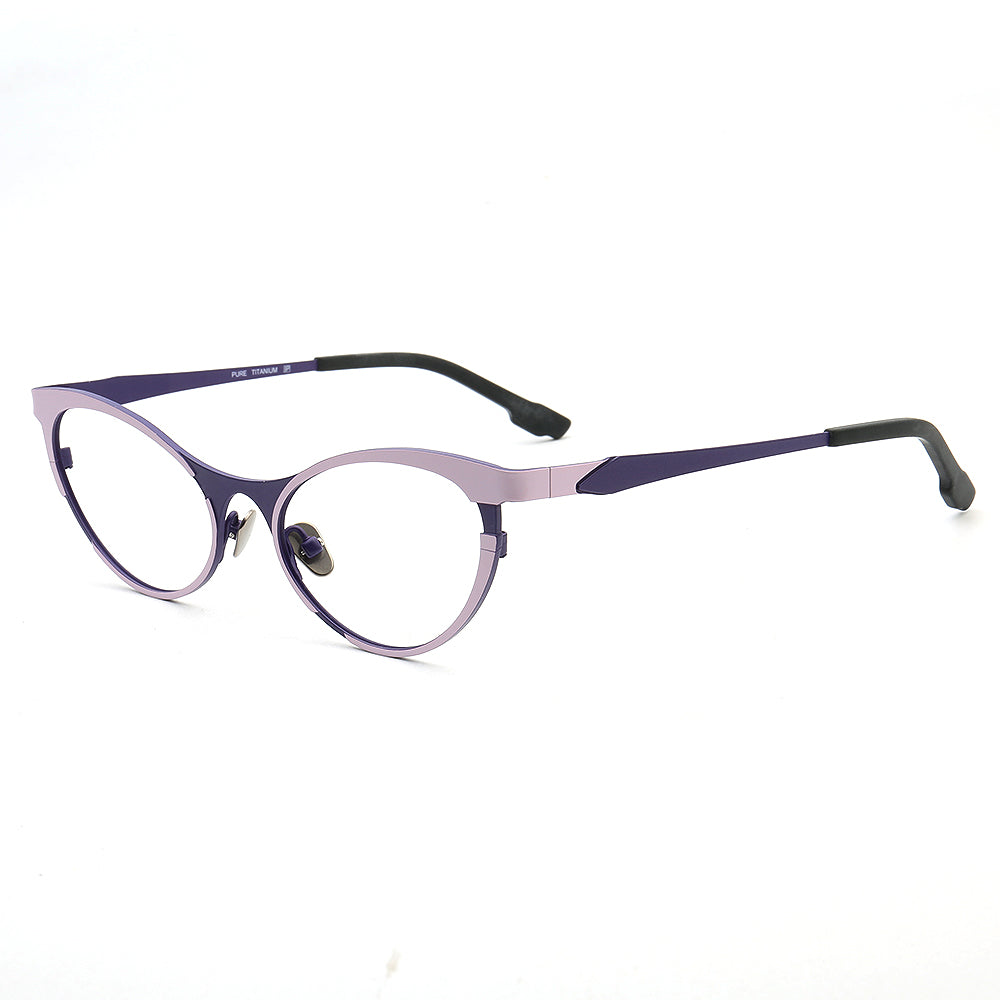 Side view of pink and purple titanium cat eye glasses