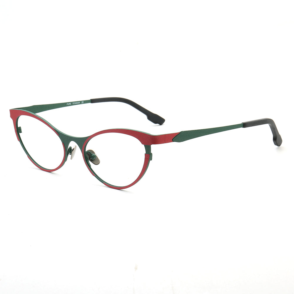 A side view of green and red titanium cat eye glasses