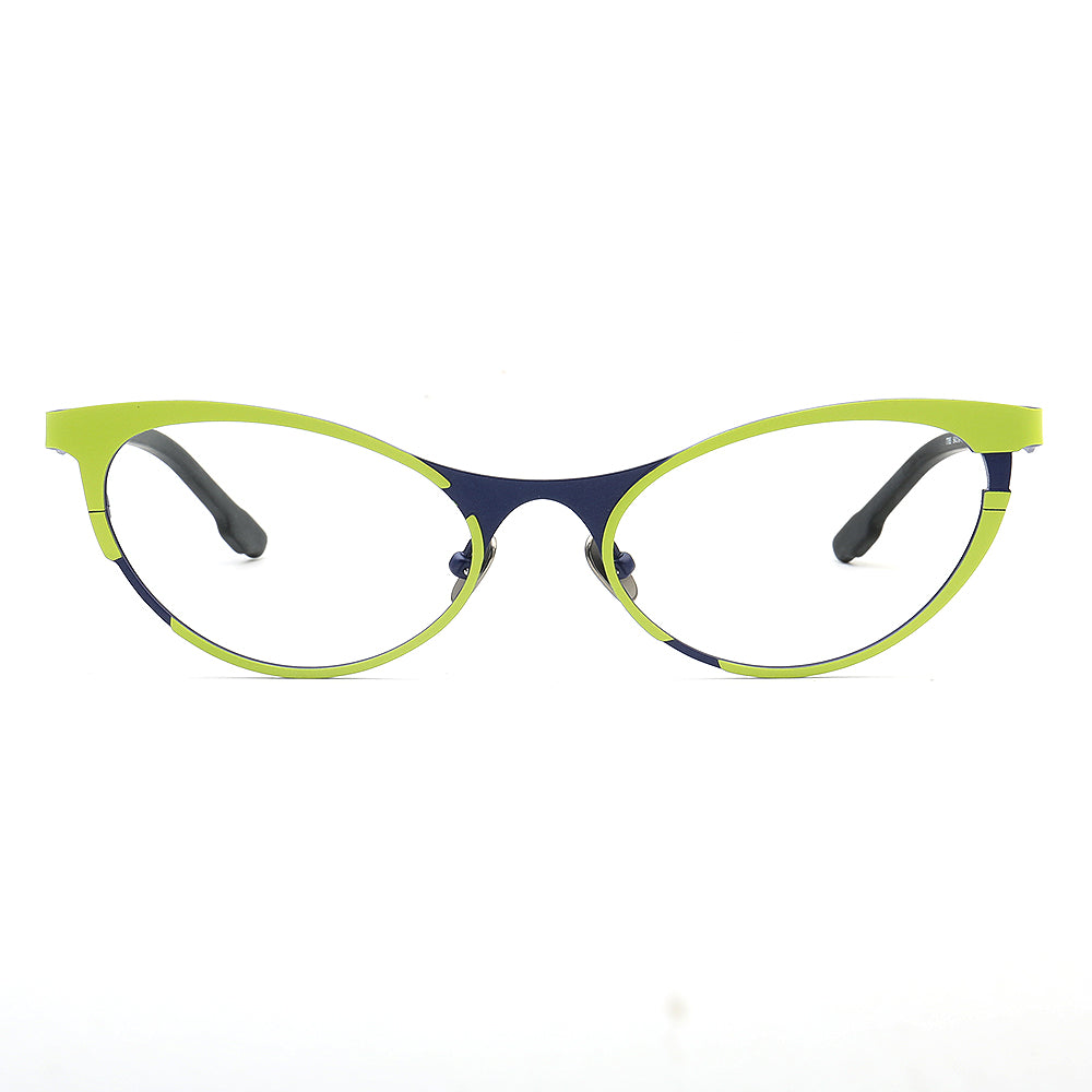 Front view of green multicolored cat eye glasses frames