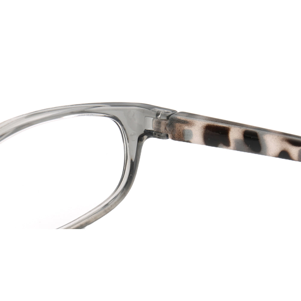 Inner hinge of grey tortoise reading glasses