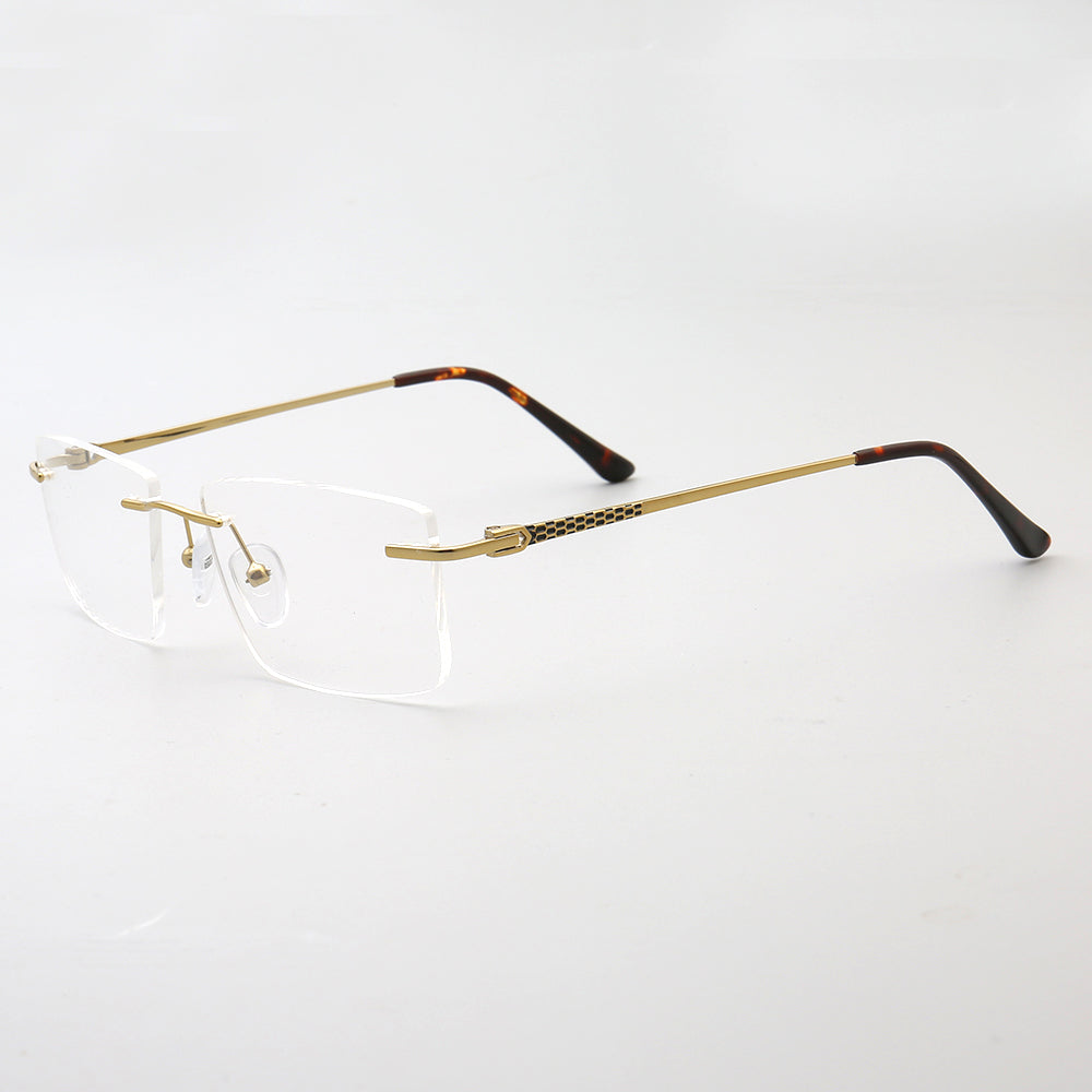 Side view of rectangular rimless metal eyeglasses