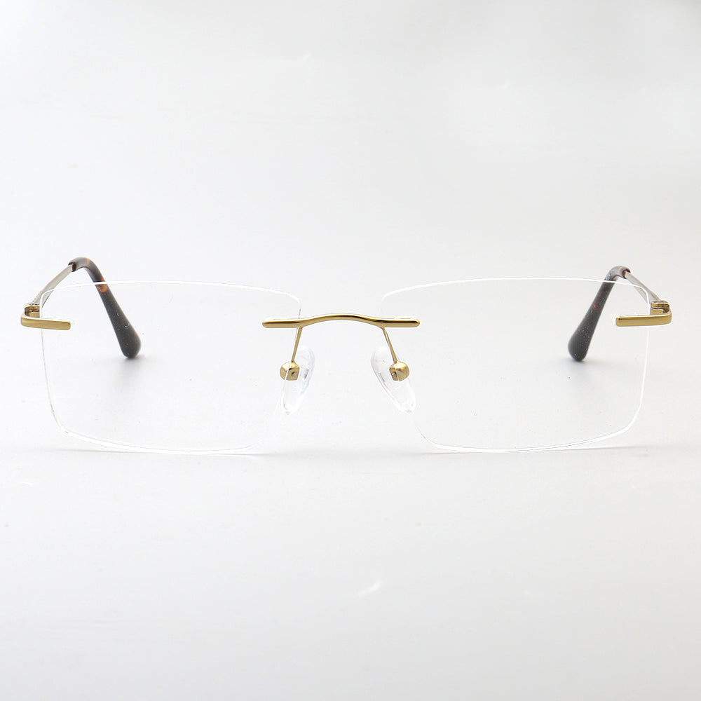 Front view of rectangular rimless metal eyeglasses