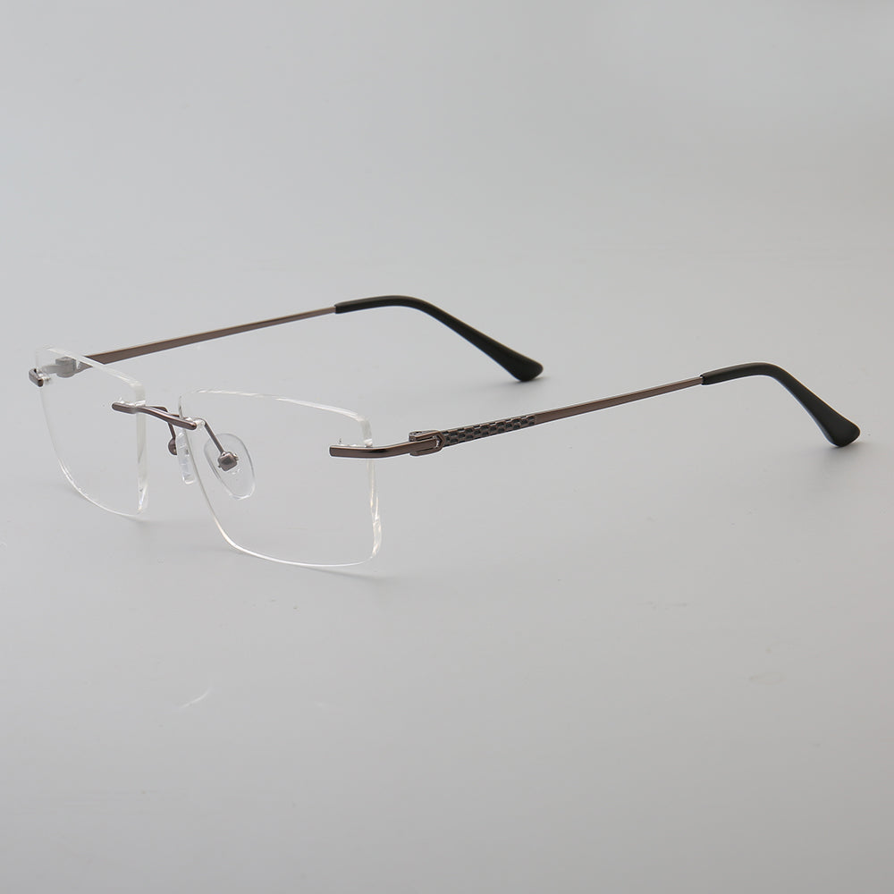 Side view of thin rectangular rimless eyeglasses frames