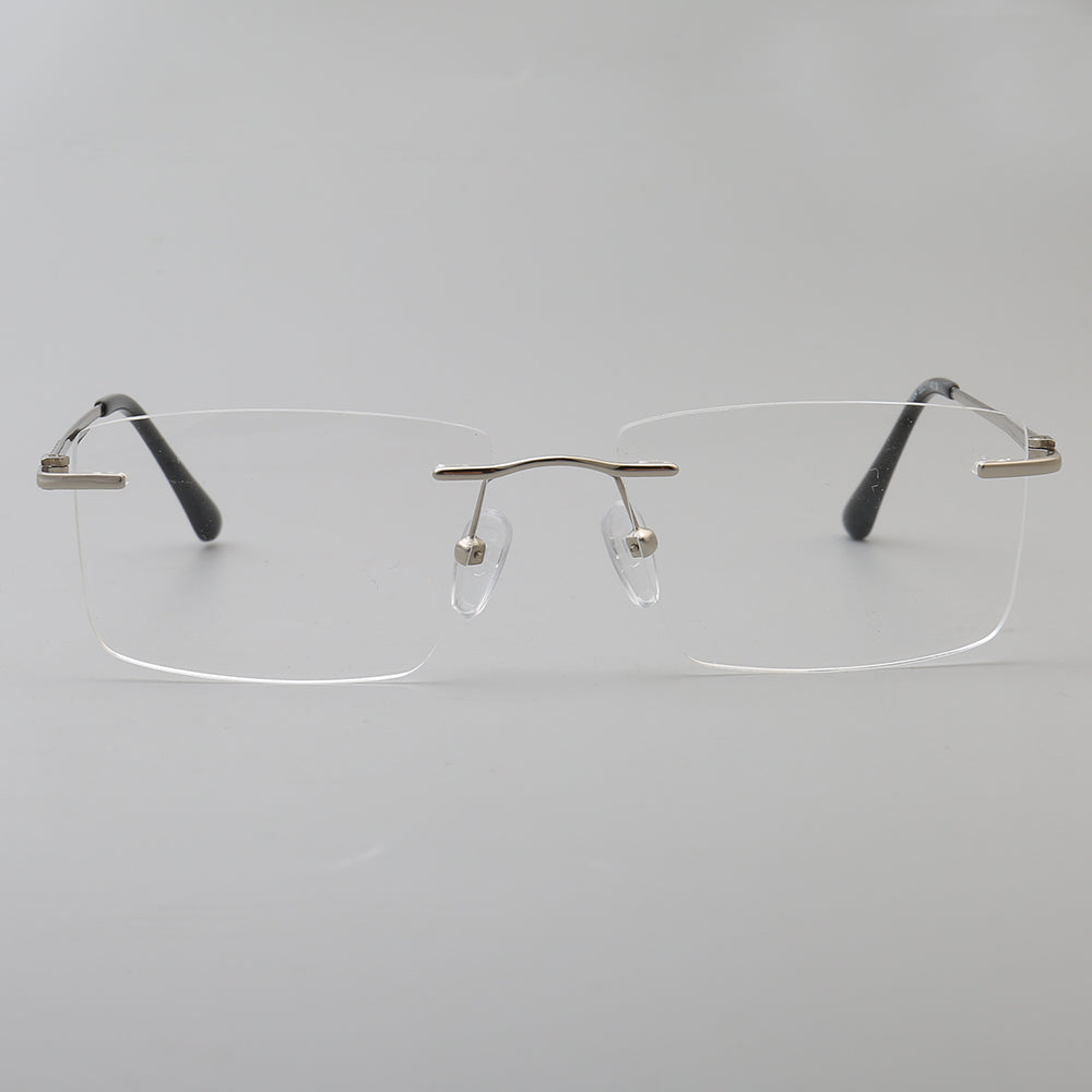 Silver rectangular rimless eyeglass frames