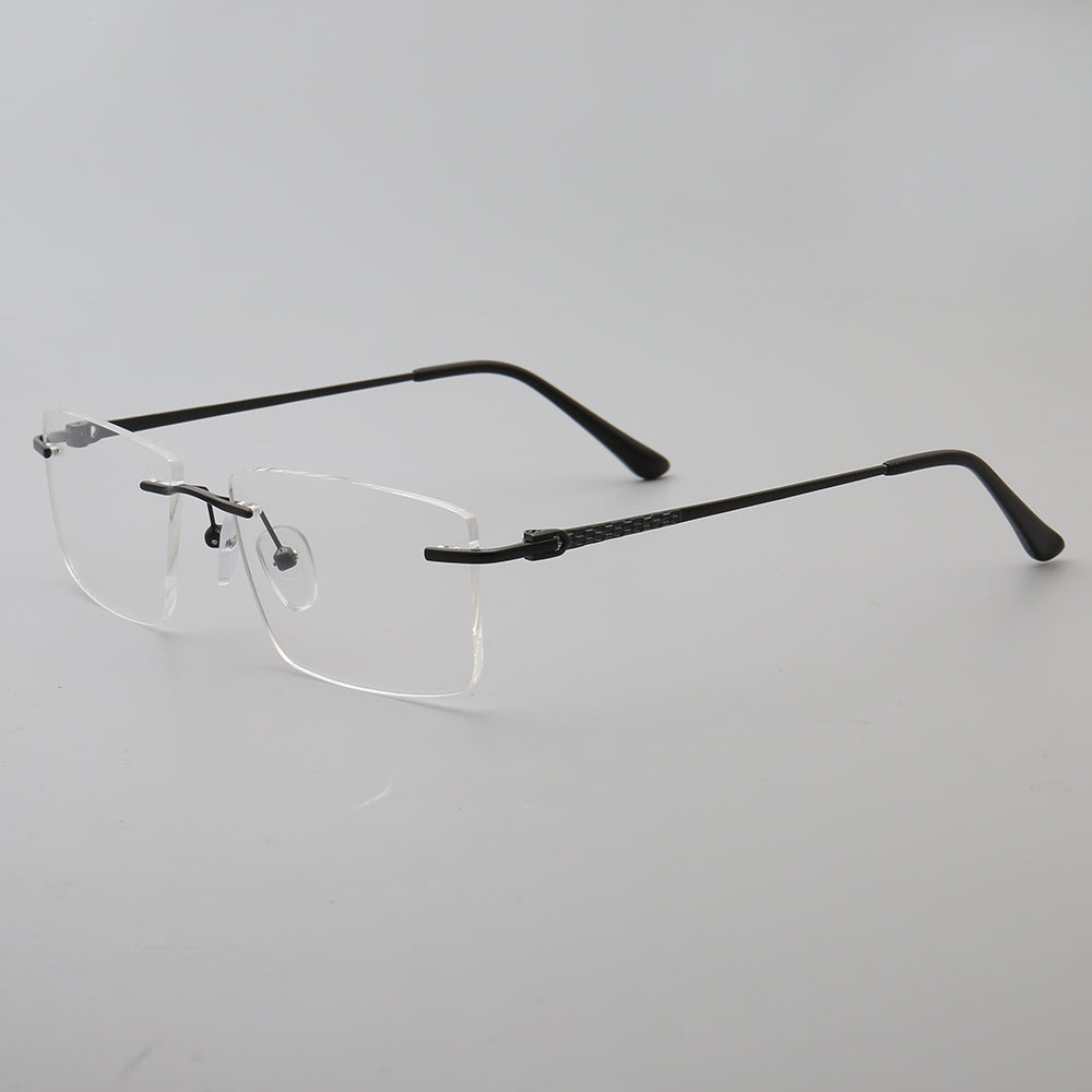 Side view of black rectangular rimless eyeglass frames