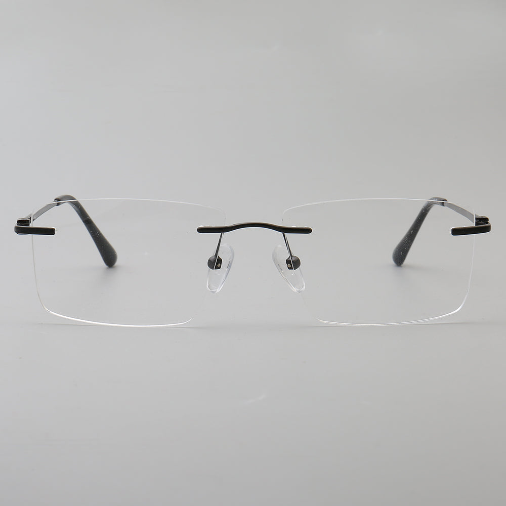 Black rectangular rimless eyeglass frames