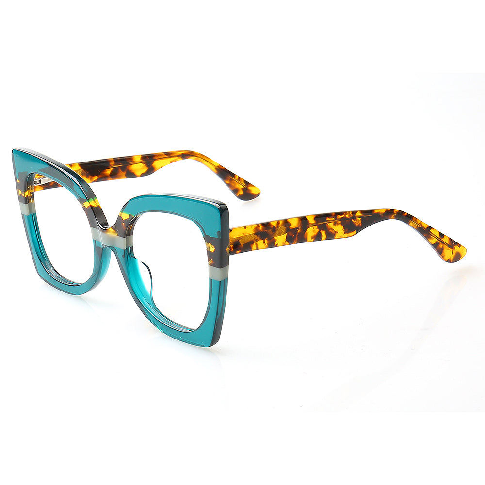 Side view of blue tortoise oversized cat eye glasses for women