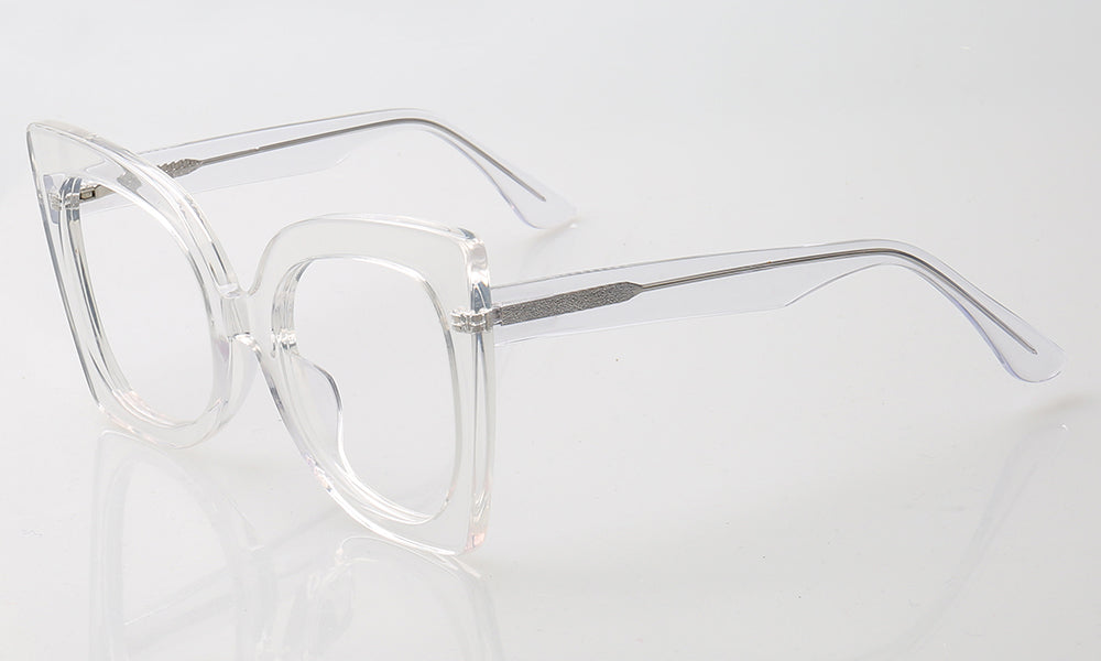 Side view of clear oversized cat eye glasses for women